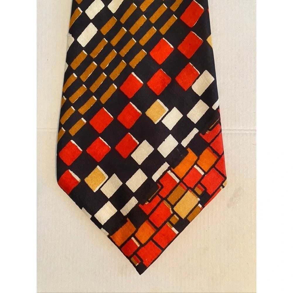Handloom Pure Silk Tie Mens Geometric Block Pattern Red Orange Black India Made
